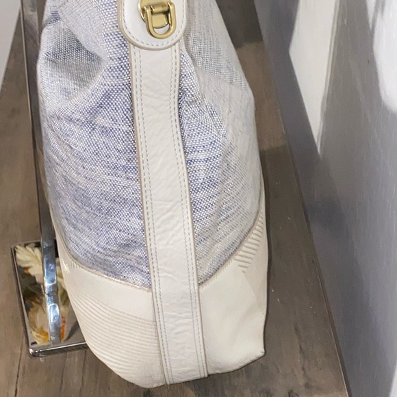 Fossil Maya Hobo Canvas Leather Cream Light Blue Crossbody - Picture 12 of 17